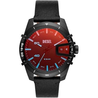 Diesel Montre pour homme Caged, mouvement à trois aiguilles avec date, boîtier en acier inoxydable noir de 46 mm avec bracelet en cuir, - Publicité Diesel Montre pour homme Caged, mouvement à trois aiguilles avec date, boîtier en acier inoxydable noir de 46 mm avec bracelet en cuir, - Publicité