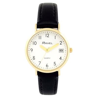 Ravel Montre Femme Calendrier Doré Bracelet Simili Cuir Quartz Analogique Japonais R0707 - Publicité Ravel Montre Femme Calendrier Doré Bracelet Simili Cuir Quartz Analogique Japonais R0707 - Publicité