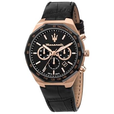 Maserati Montre Homme, Collection Stile, Quartz, Chronographe, en Acier, PVD Or Rose, Cuir Naturel - Publicité Maserati Montre Homme, Collection Stile, Quartz, Chronographe, en Acier, PVD Or Rose, Cuir Naturel - Publicité
