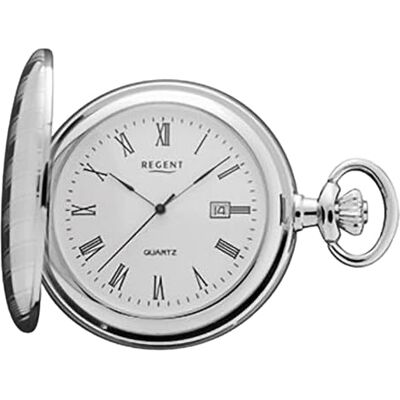 Regent Montre de poche Savonnette pour homme Couvercle à charnière 47 mm Quartz Cadran blanc Chiffres romains et date - Publicité Regent Montre de poche Savonnette pour homme Couvercle à charnière 47 mm Quartz Cadran blanc Chiffres romains et date - Publicité