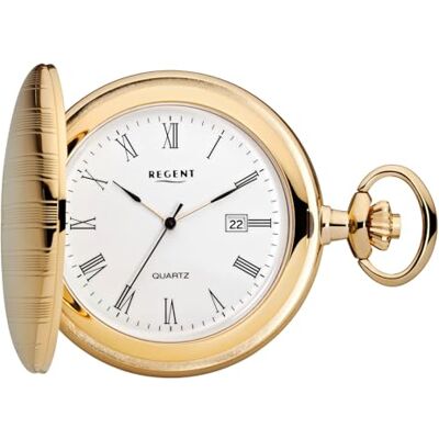 Regent Montre de poche Savonnette pour homme Couvercle à charnière 47 mm Quartz Cadran blanc Chiffres romains et date - Publicité Regent Montre de poche Savonnette pour homme Couvercle à charnière 47 mm Quartz Cadran blanc Chiffres romains et date - Publicité