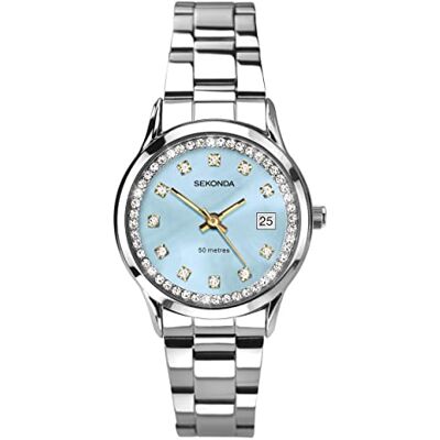 Sekonda Catherine Montre analogique pour femme Cadran 27 mm, bleu clair Étanche jusqu'à 50 mètres, verre minéral, fermoir déployant, cadran en nacre, affichage de la date, boîtier plaqué ion - Publicité Sekonda Catherine Montre analogique pour femme Cadran 27 mm, bleu clair Étanche jusqu'à 50 mètres, verre minéral, fermoir déployant, cadran en nacre, affichage de la date, boîtier plaqué ion - Publicité