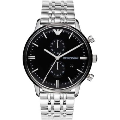 Emporio Armani Montre pour homme, mouvement chronographe à quartz, boîtier en acier inoxydable de 43 mm avec bracelet en acier inoxydable, - Publicité Emporio Armani Montre pour homme, mouvement chronographe à quartz, boîtier en acier inoxydable de 43 mm avec bracelet en acier inoxydable, - Publicité