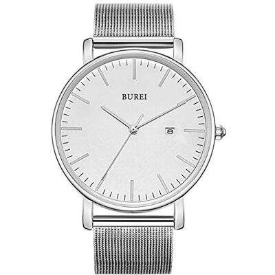 BUREI Minimalist Montre Homme Classy Date Gents Montre avec Bande Simple Simple Grand Cadran en Acier Inoxydable, Blanc Argenté, Bracelet - Publicité BUREI Minimalist Montre Homme Classy Date Gents Montre avec Bande Simple Simple Grand Cadran en Acier Inoxydable, Blanc Argenté, Bracelet - Publicité