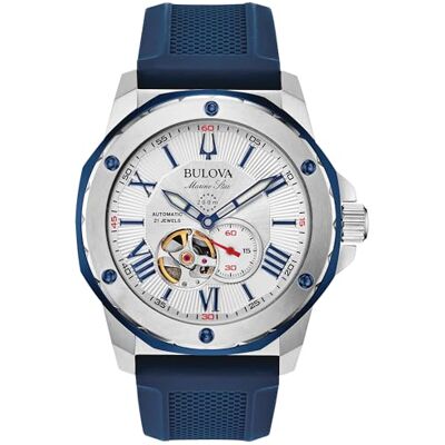 Bulova Montre Marine Star automatique pour hommes avec bracelet en silicone bleu 45mm , Nuance argent., 45, Montre automatique - Publicité Bulova Montre Marine Star automatique pour hommes avec bracelet en silicone bleu 45mm , Nuance argent., 45, Montre automatique - Publicité