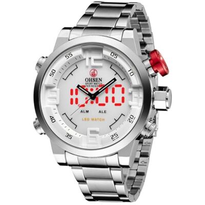 Alienwork DualTime Montre Analogique-LED Homme Femme Argent Bracelet en Métal Acier Calendrier Date-Mois-Année Blanc Multifonction Fuseaux Horaires Multiples - Publicité Alienwork DualTime Montre Analogique-LED Homme Femme Argent Bracelet en Métal Acier Calendrier Date-Mois-Année Blanc Multifonction Fuseaux Horaires Multiples - Publicité