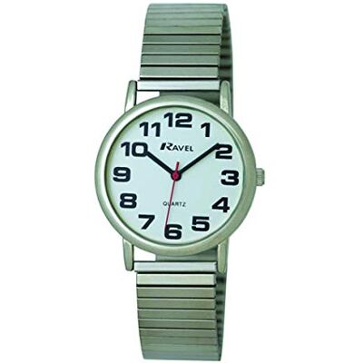 Ravel Montre Unisexe à Bracelet Extensible en Acier Inoxydable avec Grands Chiffres Quartz Analogique R0208 - Publicité Ravel Montre Unisexe à Bracelet Extensible en Acier Inoxydable avec Grands Chiffres Quartz Analogique R0208 - Publicité