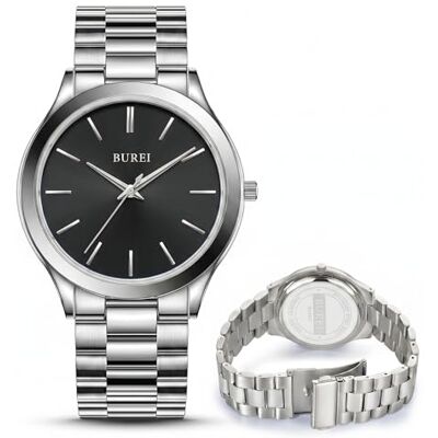 BUREI Montre analogique à Quartz en Acier Inoxydable étanche pour Homme, Argenté/Noir, Montre à Quartz - Publicité BUREI Montre analogique à Quartz en Acier Inoxydable étanche pour Homme, Argenté/Noir, Montre à Quartz - Publicité