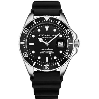 Stuhrling Montre de plongée Original pour Homme, boîtier argenté de 42 mm avec Couronne vissée, Bracelet en Caoutchouc, étanche jusqu'à 100 m (Noir) - Publicité Stuhrling Montre de plongée Original pour Homme, boîtier argenté de 42 mm avec Couronne vissée, Bracelet en Caoutchouc, étanche jusqu'à 100 m (Noir) - Publicité