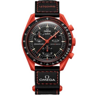 Swatch Montre-bracelet Moonswatch Omega x Mission to Earth Lava en Biocéramique - Publicité Swatch Montre-bracelet Moonswatch Omega x Mission to Earth Lava en Biocéramique - Publicité