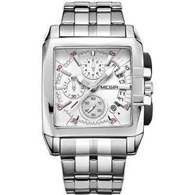 MEGIR Montre Rectangulaire Homme Mode Acier Inoxydable Imperméable Quartz Analogique d'Affaires Chronographe - Publicité MEGIR Montre Rectangulaire Homme Mode Acier Inoxydable Imperméable Quartz Analogique d'Affaires Chronographe - Publicité