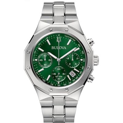 Bulova Octagon Chronograph 96B409 Steel Men's Watch with Green Background - Publicité Bulova Octagon Chronograph 96B409 Steel Men's Watch with Green Background - Publicité