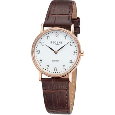 REGENT Montre analogique pour femme avec bracelet en cuir marron, or rose et blanc - Publicité REGENT Montre analogique pour femme avec bracelet en cuir marron, or rose et blanc - Publicité