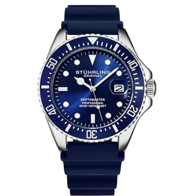 Stuhrling Montre de plongée Original pour Homme boîtier argenté de 42 mm avec Couronne vissée Bracelet en Caoutchouc étanche jusqu'à 100 m Bleu - Publicité Stuhrling Montre de plongée Original pour Homme boîtier argenté de 42 mm avec Couronne vissée Bracelet en Caoutchouc étanche jusqu'à 100 m Bleu - Publicité