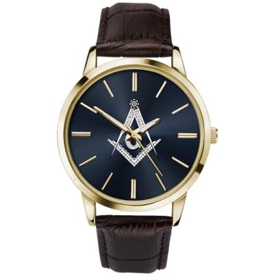 Sekonda Montre à quartz analogique maçonnique pour homme avec boîtier doré cadran bleu et bracelet en cuir marron, Sangle - Publicité Sekonda Montre à quartz analogique maçonnique pour homme avec boîtier doré cadran bleu et bracelet en cuir marron, Sangle - Publicité