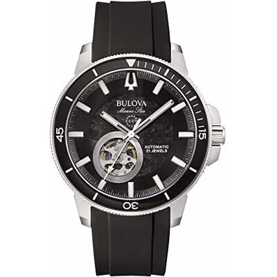 Bulova Montre analogique Automatique pour Homme avec Bracelet en Silicone , Argent/Noir, Sangles - Publicité Bulova Montre analogique Automatique pour Homme avec Bracelet en Silicone , Argent/Noir, Sangles - Publicité