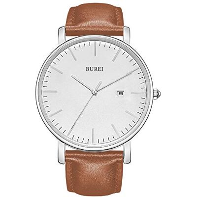 BUREI Ultra Mince Minimaliste Montre Homme Calendrier Chic fenêtre Moderne Simple Grand Cadran Bracelet en Cuir, Marron Argent Blanc, Sangle, Marron, Argent, Blanc, TFV8 - Publicité BUREI Ultra Mince Minimaliste Montre Homme Calendrier Chic fenêtre Moderne Simple Grand Cadran Bracelet en Cuir, Marron Argent Blanc, Sangle, Marron, Argent, Blanc, TFV8 - Publicité