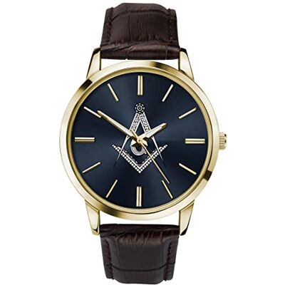 Sekonda Montre à quartz analogique maçonnique pour homme avec boîtier doré cadran bleu et bracelet en cuir marron, Sangle - Publicité Sekonda Montre à quartz analogique maçonnique pour homme avec boîtier doré cadran bleu et bracelet en cuir marron, Sangle - Publicité