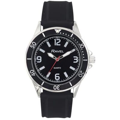 Ravel Montre Sport pour Homme avec Bracelet en Silicone et Anneau Supérieur Noir sur Boîtier Couleur Argenté Quartz Analogique RS002 - Publicité Ravel Montre Sport pour Homme avec Bracelet en Silicone et Anneau Supérieur Noir sur Boîtier Couleur Argenté Quartz Analogique RS002 - Publicité