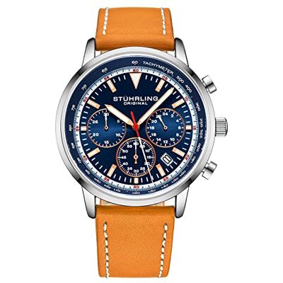 Stuhrling Montre chronographe Original pour Homme, boîtier en Acier de 44 mm avec Bracelet en Cuir, tachymètre, Compteur 24 Heures, chronographe - Publicité Stuhrling Montre chronographe Original pour Homme, boîtier en Acier de 44 mm avec Bracelet en Cuir, tachymètre, Compteur 24 Heures, chronographe - Publicité