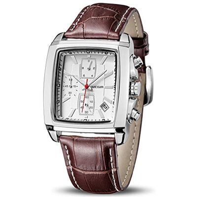 MEGIR Montre à quartz analogique pour homme avec chronographe lumineux rectangulaire et bracelet en cuir élégant pour le sport et le travail, Marron avec blanc, Montre à quartz, chronographe - Publicité MEGIR Montre à quartz analogique pour homme avec chronographe lumineux rectangulaire et bracelet en cuir élégant pour le sport et le travail, Marron avec blanc, Montre à quartz, chronographe - Publicité