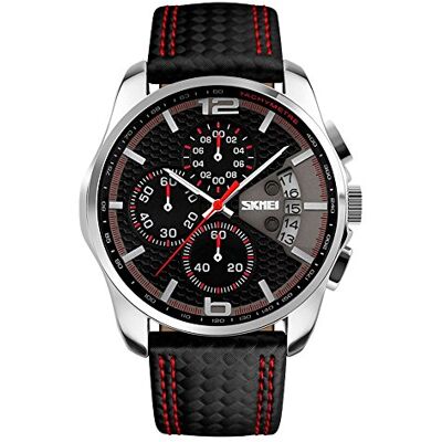 TONSHEN Acier Inoxydable Sport Montre Bracelet Homme Bande de Noir Cuir Date Calendrier Classique Analogique Montres Hommes Décontractée Quartz Mode Montre Temps Sub Dial Chronomètre (Rouge) - Publicité TONSHEN Acier Inoxydable Sport Montre Bracelet Homme Bande de Noir Cuir Date Calendrier Classique Analogique Montres Hommes Décontractée Quartz Mode Montre Temps Sub Dial Chronomètre (Rouge) - Publicité