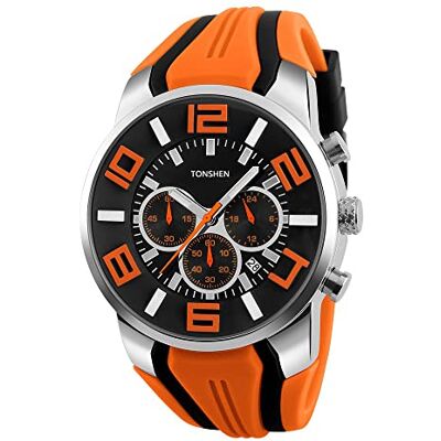 TONSHEN Hommes Montre Bracelet Acier Inoxydable Sport Mode Classique Analogique Montres Hommes Grand Numérique Affichage Doux Caoutchouc Bande Double Temps Robe Montre Sub Dial Chronomètre (Orange) - Publicité TONSHEN Hommes Montre Bracelet Acier Inoxydable Sport Mode Classique Analogique Montres Hommes Grand Numérique Affichage Doux Caoutchouc Bande Double Temps Robe Montre Sub Dial Chronomètre (Orange) - Publicité