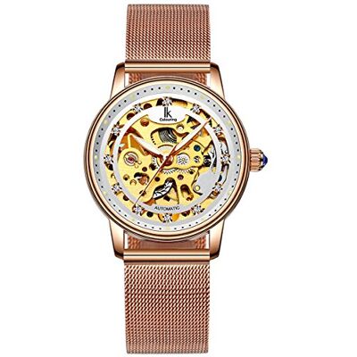 Alienwork Montre Automatique Femme Or Rose Bracelet Maille Blanc Squelette Fond de Verre - Publicité Alienwork Montre Automatique Femme Or Rose Bracelet Maille Blanc Squelette Fond de Verre - Publicité