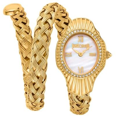 Just Cavalli Montre pour femme, boîtier doré, cadran blanc MOP, bracelet en métal bicolore argenté et doré, 2 aiguilles, 3 ATM - Publicité Just Cavalli Montre pour femme, boîtier doré, cadran blanc MOP, bracelet en métal bicolore argenté et doré, 2 aiguilles, 3 ATM - Publicité