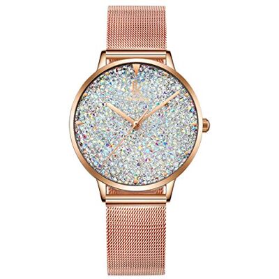 Alienwork Montre Femme Or Rose Doree Bracelet Maille Blanc Strass Paillettes élégant - Publicité Alienwork Montre Femme Or Rose Doree Bracelet Maille Blanc Strass Paillettes élégant - Publicité