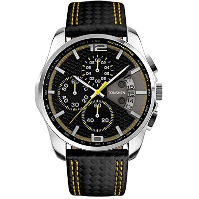 TONSHEN Homme Décontracté Mode Montre Acier Inoxydable Caisse et Cuir Montres Bracelet Analogique Quartz Sub Dial Chronomètre (Jaune) - Publicité TONSHEN Homme Décontracté Mode Montre Acier Inoxydable Caisse et Cuir Montres Bracelet Analogique Quartz Sub Dial Chronomètre (Jaune) - Publicité