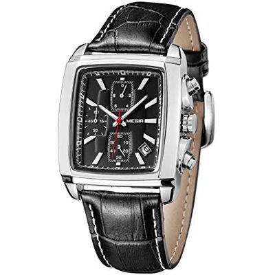 MEGIR Montre Homme Chronographe Lumineux Quartz Noir Rectangulaire Montre Mode Classique Carré Homme avec Bracelet en Cuir - Publicité MEGIR Montre Homme Chronographe Lumineux Quartz Noir Rectangulaire Montre Mode Classique Carré Homme avec Bracelet en Cuir - Publicité