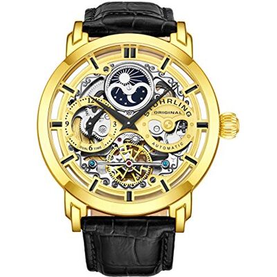 Stuhrling Montre-Bracelet Automatique pour Homme Original, Squelette de Luxe, Double Fuseau horaire, Couleur Or, 22 Rubis, 47 mm, Acier Inoxydable, Bracelet en Cuir véritable gaufré - Publicité Stuhrling Montre-Bracelet Automatique pour Homme Original, Squelette de Luxe, Double Fuseau horaire, Couleur Or, 22 Rubis, 47 mm, Acier Inoxydable, Bracelet en Cuir véritable gaufré - Publicité