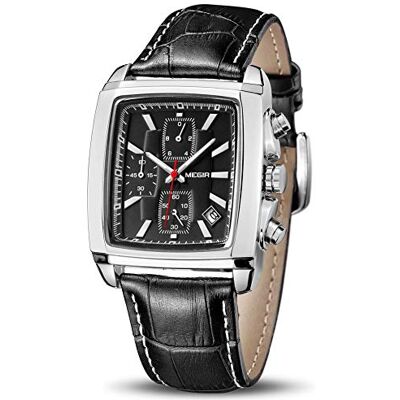 MEGIR Montre à quartz analogique pour homme avec chronographe lumineux rectangulaire et bracelet en cuir élégant pour le sport et le travail, noir/noir, Sangle - Publicité MEGIR Montre à quartz analogique pour homme avec chronographe lumineux rectangulaire et bracelet en cuir élégant pour le sport et le travail, noir/noir, Sangle - Publicité