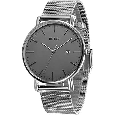 BUREI Montre à Quartz pour Homme élégante, Minimaliste, analogique, résistant à l'eau, Gris argenté, Minimaliste - Publicité BUREI Montre à Quartz pour Homme élégante, Minimaliste, analogique, résistant à l'eau, Gris argenté, Minimaliste - Publicité