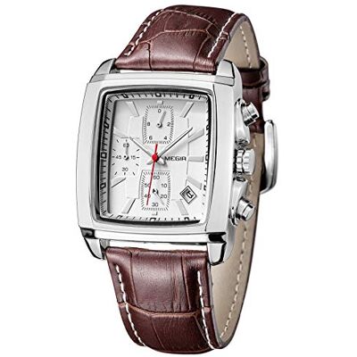 MEGIR Montre Homme Chronographe Lumineux Quartz Rectangulaire Montre Classique Carré Homme avec Brown Bracelet en Cuir - Publicité MEGIR Montre Homme Chronographe Lumineux Quartz Rectangulaire Montre Classique Carré Homme avec Brown Bracelet en Cuir - Publicité