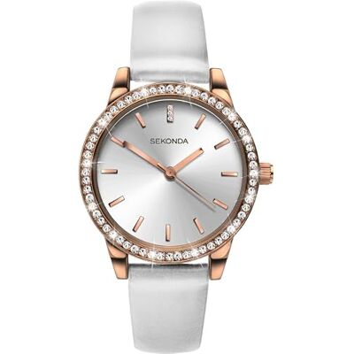 Sekonda Editions Montre Femme Quartz Analogique Boîtier Or Rose et Bracelet Blanc, Sangle - Publicité Sekonda Editions Montre Femme Quartz Analogique Boîtier Or Rose et Bracelet Blanc, Sangle - Publicité