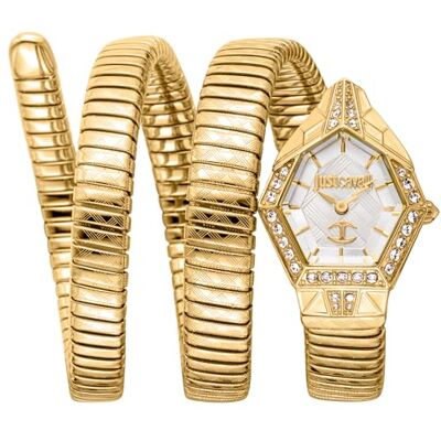 Just Cavalli Montre pour Femme, boîtier doré, Cadran argenté, Bracelet en métal doré, 2 Aiguilles, 3 ATM, Couleur dorée - Publicité Just Cavalli Montre pour Femme, boîtier doré, Cadran argenté, Bracelet en métal doré, 2 Aiguilles, 3 ATM, Couleur dorée - Publicité