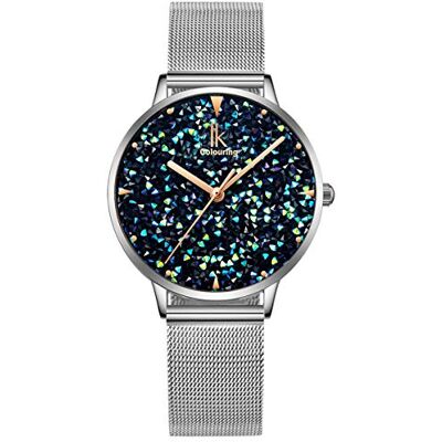 Alienwork Montre Femme Argent Bracelet Maille Bleu Strass Paillettes élégant - Publicité Alienwork Montre Femme Argent Bracelet Maille Bleu Strass Paillettes élégant - Publicité