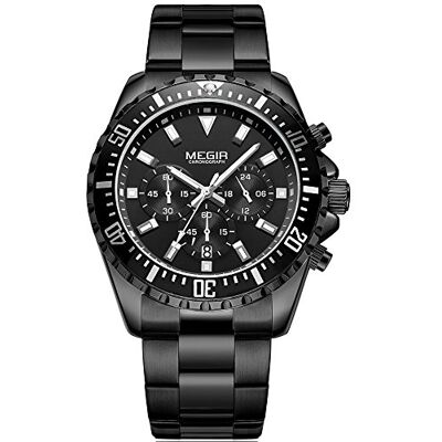 MEGIR Homme Noir en Acier Inoxydable chronographe analogique montre à quartz lumineux 24 heures Dispaly Montre-bracelet pour homme - Publicité MEGIR Homme Noir en Acier Inoxydable chronographe analogique montre à quartz lumineux 24 heures Dispaly Montre-bracelet pour homme - Publicité