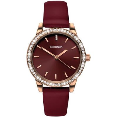 Sekonda Editions Montre à quartz analogique pour femme avec boîtier en or rose et bracelet bordeaux, Sangle - Publicité Sekonda Editions Montre à quartz analogique pour femme avec boîtier en or rose et bracelet bordeaux, Sangle - Publicité
