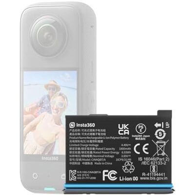 Insta360 Batterie d'origine X3 (1800 mAh) de Rechange/Remplacement jusqu'à 80 Minutes de Temps d'enregistrement (INAQBT/A) - Publicité Insta360 Batterie d'origine X3 (1800 mAh) de Rechange/Remplacement jusqu'à 80 Minutes de Temps d'enregistrement (INAQBT/A) - Publicité