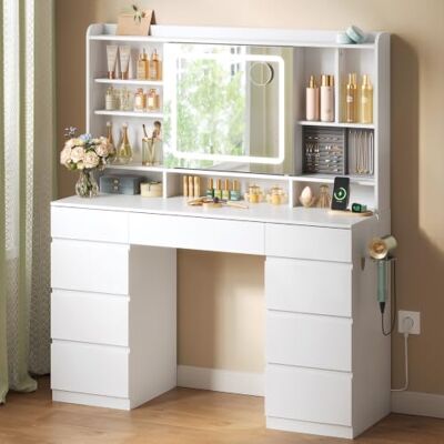 WOLTU Coiffeuse avec Miroir Coulissant, Multiprise, 1 Casier à Bijoux Lumière Réglable, 9 Tiroirs, 11 Étagères, Table de Maquillage Moderne pour Chambre, en Bois, Blanc - Publicité WOLTU Coiffeuse avec Miroir Coulissant, Multiprise, 1 Casier à Bijoux Lumière Réglable, 9 Tiroirs, 11 Étagères, Table de Maquillage Moderne pour Chambre, en Bois, Blanc - Publicité