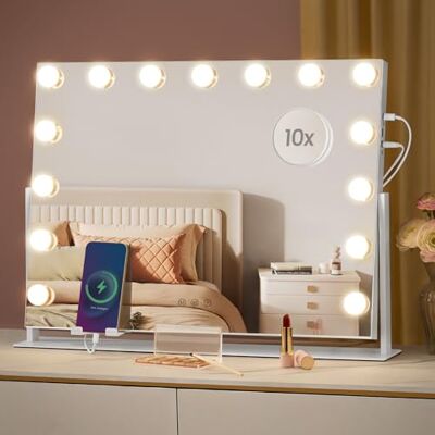 SONGMICS Miroir Coiffeuse, 58 x 43 cm, Contrôle Tactile, 15 Ampoules LED, Ports de Charge, Miroir Grossissant Détachable 10X, 3 Températures de Couleur, Support de Téléphone, Blanc Mat LWM001W02 - Publicité SONGMICS Miroir Coiffeuse, 58 x 43 cm, Contrôle Tactile, 15 Ampoules LED, Ports de Charge, Miroir Grossissant Détachable 10X, 3 Températures de Couleur, Support de Téléphone, Blanc Mat LWM001W02 - Publicité