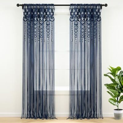 Lush Decor Rideau de fenêtre/séparateur de pièce/Porte/décoration Murale en Coton texturé macramé bohème, 213,4 cm (L) x 101,6 cm (l), Bleu Marine - Publicité Lush Decor Rideau de fenêtre/séparateur de pièce/Porte/décoration Murale en Coton texturé macramé bohème, 213,4 cm (L) x 101,6 cm (l), Bleu Marine - Publicité