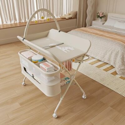LANTUS Table à Langer Pliable, Plan à Langer 2 Tiroirs en Tissu, Panier Latéral et Tringle de Suspension, Meuble pour Bébé Réglable en Hauteur, avec roulettes Verrouillables ,75*68*83-91cm (B) Blanc crème - Publicité LANTUS Table à Langer Pliable, Plan à Langer 2 Tiroirs en Tissu, Panier Latéral et Tringle de Suspension, Meuble pour Bébé Réglable en Hauteur, avec roulettes Verrouillables ,75*68*83-91cm (B) Blanc crème - Publicité
