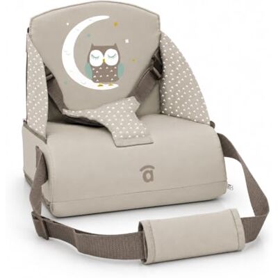 Asalvo Booster Cuscus Chaise haute de voyage pliable pour bébé jusqu'à 15 kg, harnais de sécurité, poche, dossier 25 cm, hibou beige - Publicité Asalvo Booster Cuscus Chaise haute de voyage pliable pour bébé jusqu'à 15 kg, harnais de sécurité, poche, dossier 25 cm, hibou beige - Publicité
