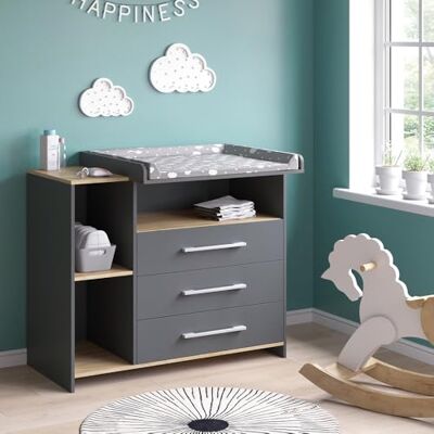 Vicco Commode à Langer Oskar, Anthracite/chêne doré, 113x93cm avec 3 tiroirs, convertible en commode grâce au plan à langer amovible - Publicité Vicco Commode à Langer Oskar, Anthracite/chêne doré, 113x93cm avec 3 tiroirs, convertible en commode grâce au plan à langer amovible - Publicité