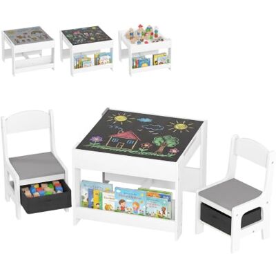 HOMCOM Ensemble 3 Pièces Table et 2 Chaises pour Enfant Gris Plateau Table Réversible, Panier de Rangement, Tableau Noir, Étagères - Publicité HOMCOM Ensemble 3 Pièces Table et 2 Chaises pour Enfant Gris Plateau Table Réversible, Panier de Rangement, Tableau Noir, Étagères - Publicité