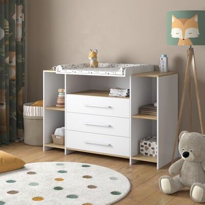 Vicco Commode à Langer Oskar, Chêne Blanc/Force de l'or, 143.2x93cm avec 3 tiroirs, convient comme table à langer avec espace de rangement extensible - Publicité Vicco Commode à Langer Oskar, Chêne Blanc/Force de l'or, 143.2x93cm avec 3 tiroirs, convient comme table à langer avec espace de rangement extensible - Publicité